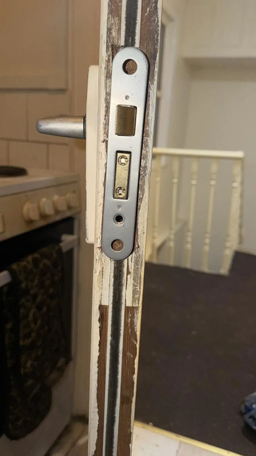 A mortice sash lock fitted in the edge of an internal door